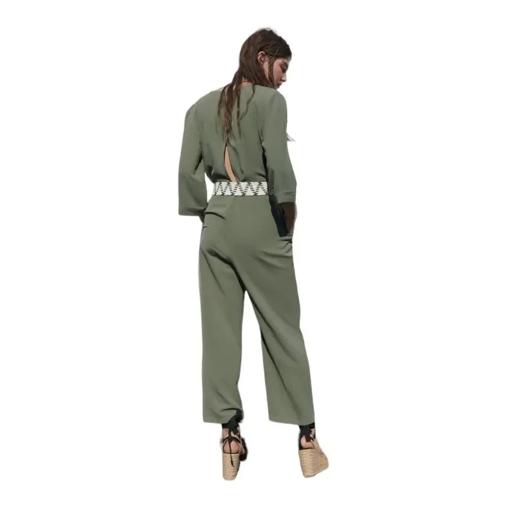 ZARA Dark Khaki Belted Wide Leg Jumpsuit XS NWT Wrap V Neck 3/4 Sleeve